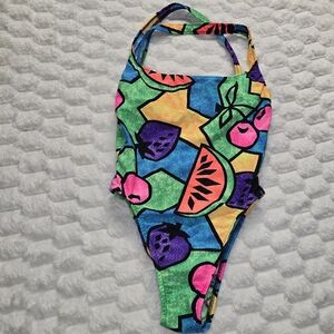 Vintage 1990s One Piece Swimsuit Colorful Abstract Fruit Print Cross Back Sz S/M
